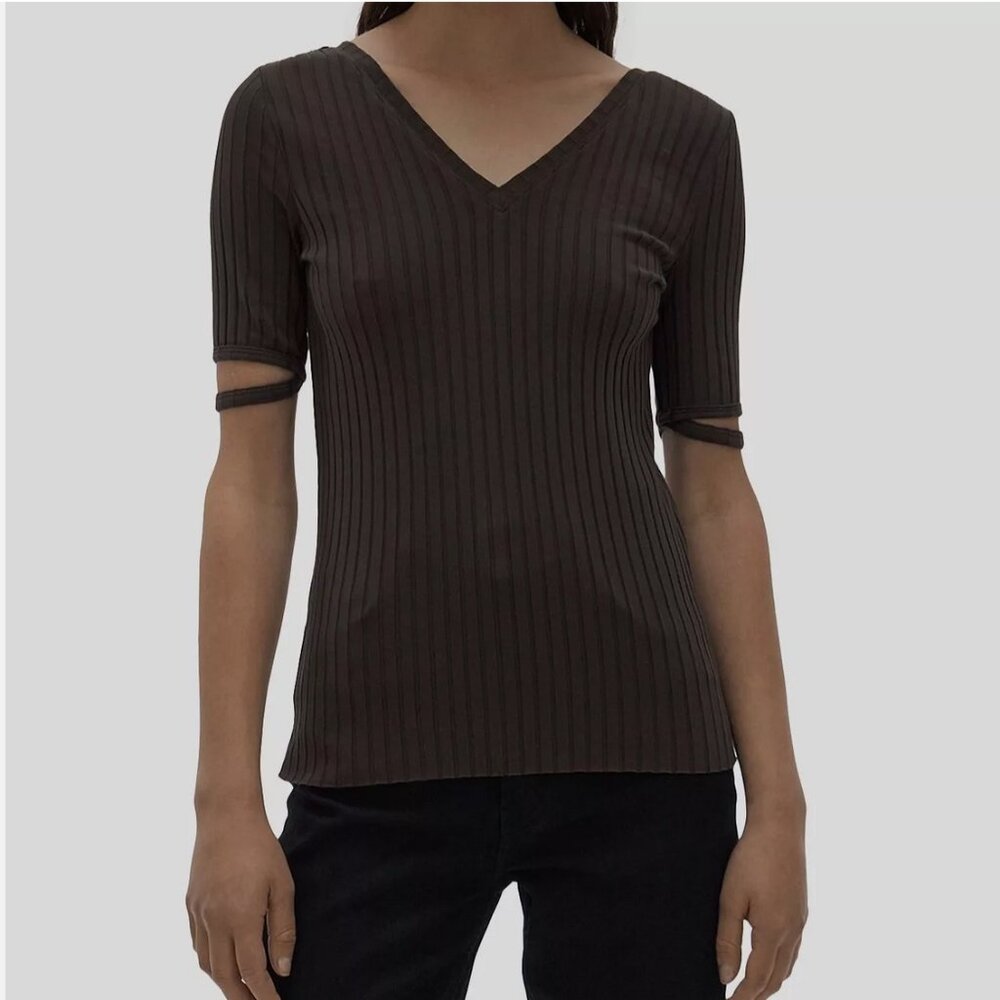 Helmut Lang Brown Ribbed Cotton V-Neck Short Sleeve Top T-Shirt Size XS